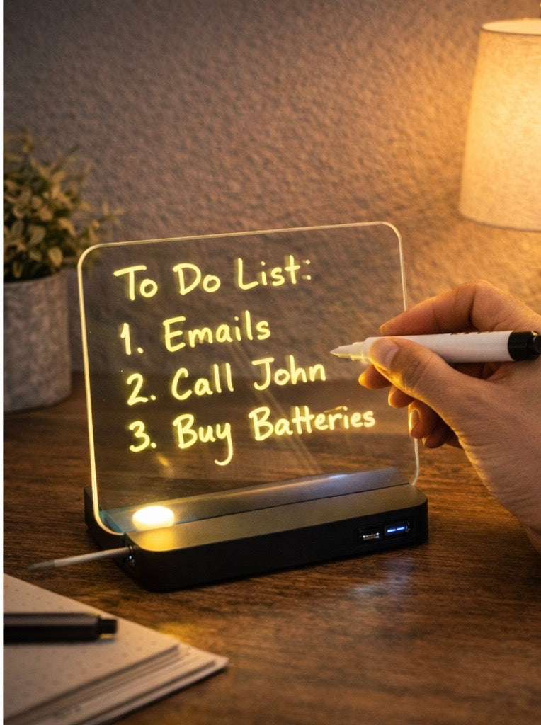 Transparent LED board with a hand writing on it, placed on a wooden surface with a lamp in the background.