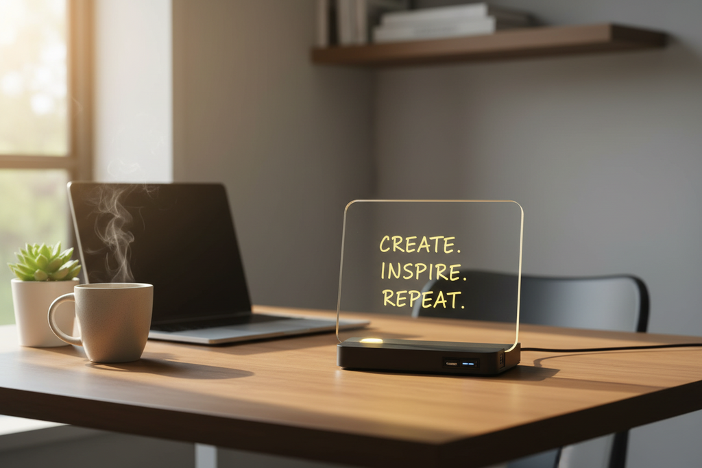 Laptop on a desk with a motivational sign and a cup of coffee