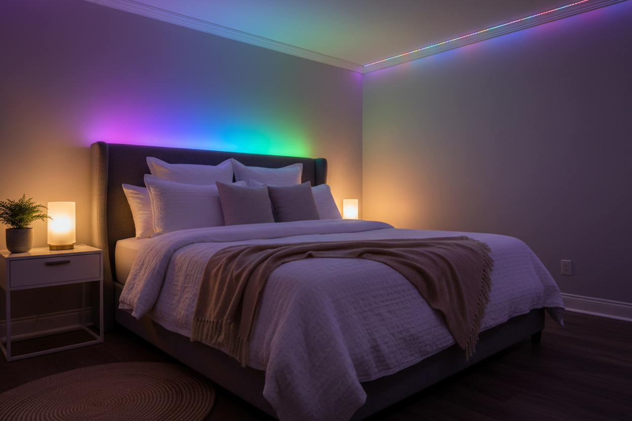 Bedroom with RGB lighting on the wall above a bed