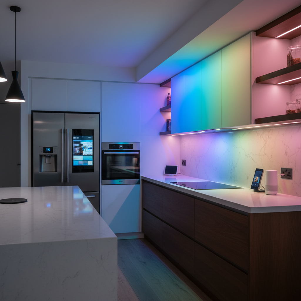 Modern kitchen with colorful LED lighting