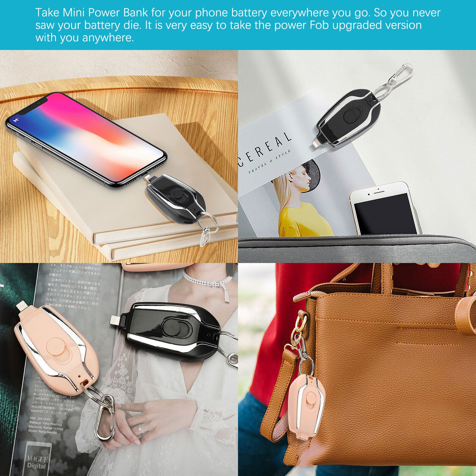 Mini power bank with keychain attached, used on a phone, magazine, and handbag.