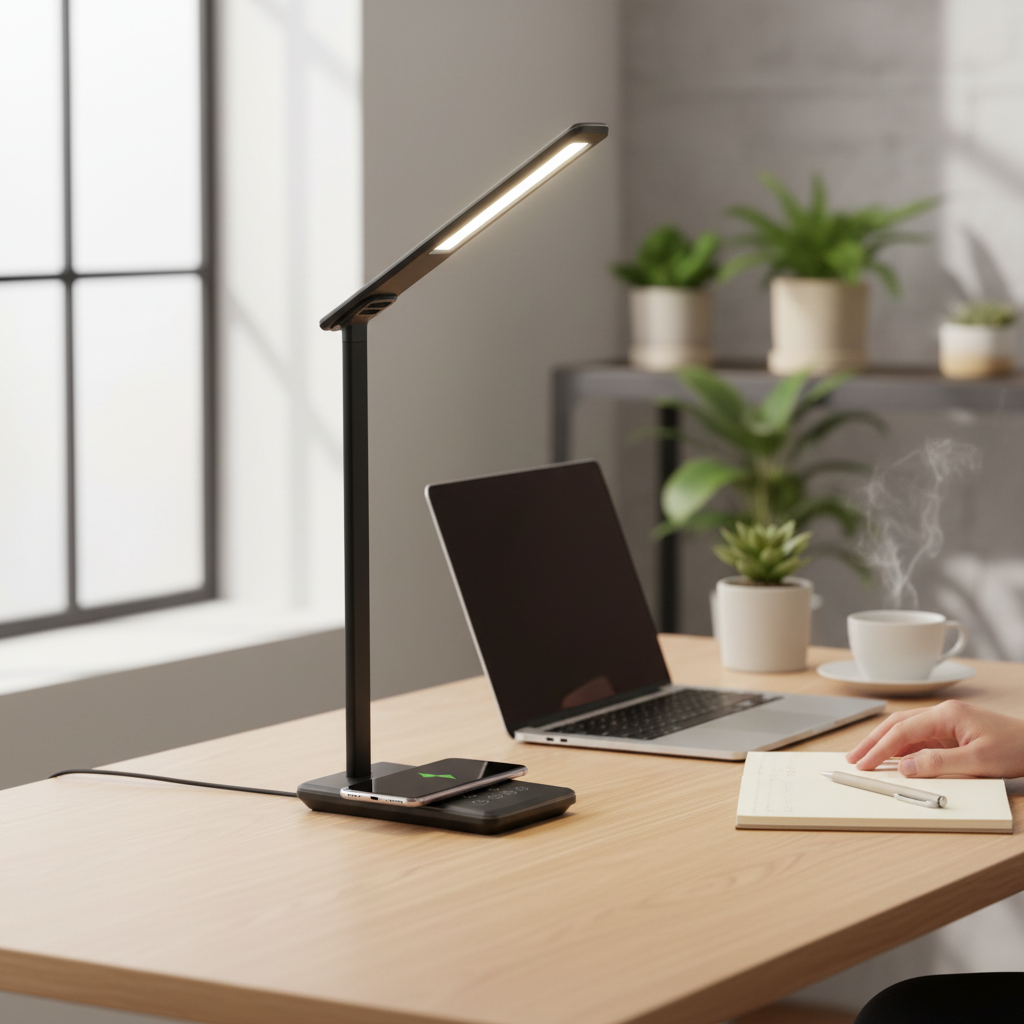 Desk setup with a lamp, laptop, and coffee on a wooden desk.