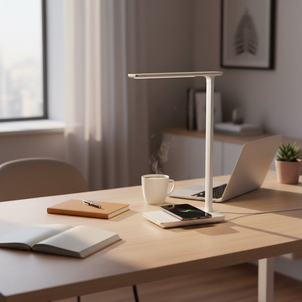 White LED desk lamp with wireless charging pad on a white background