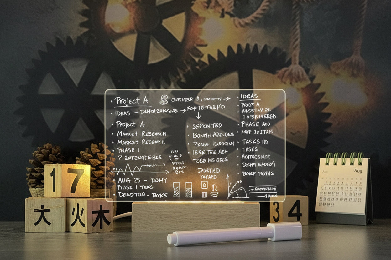 Decorative setup with gears, wooden blocks, and a calendar in a darkly lit room.