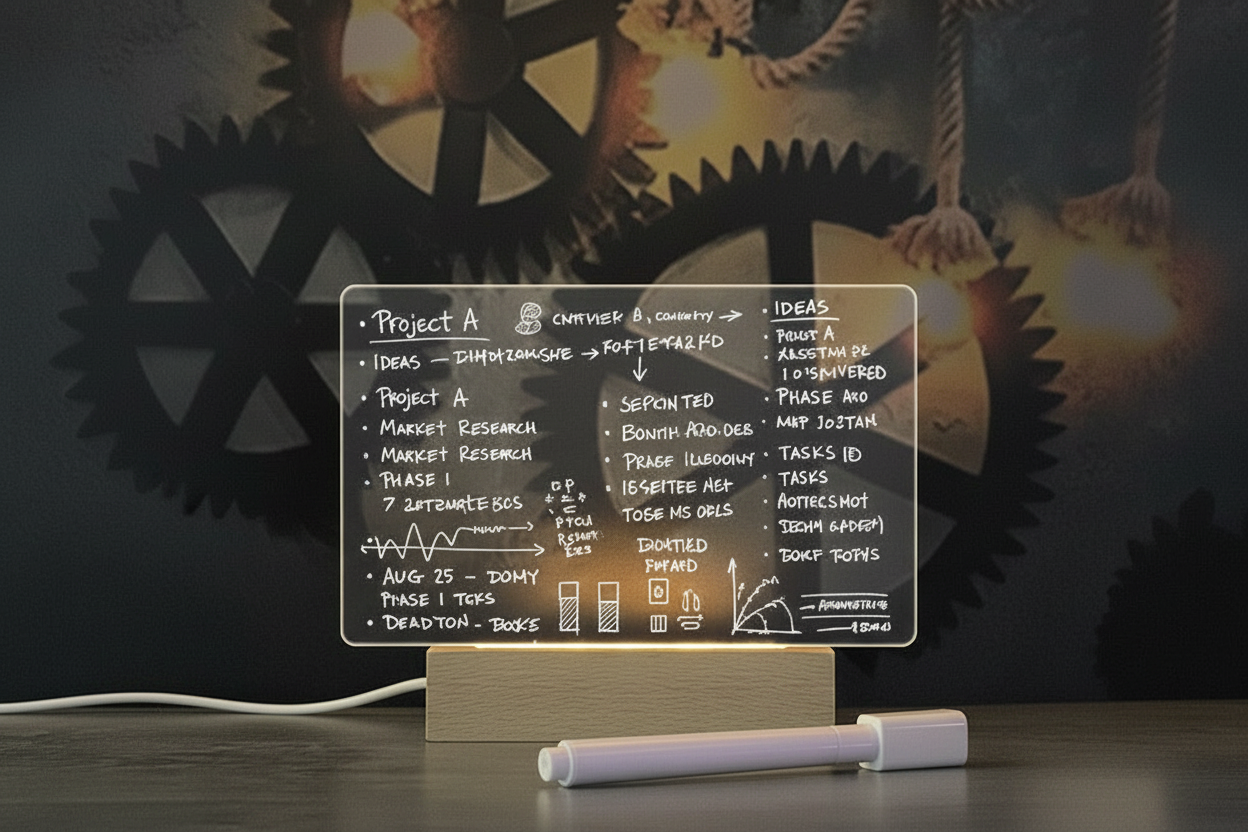 Transparent desk lamp with project notes on a stand against a dark background with mechanical gears.