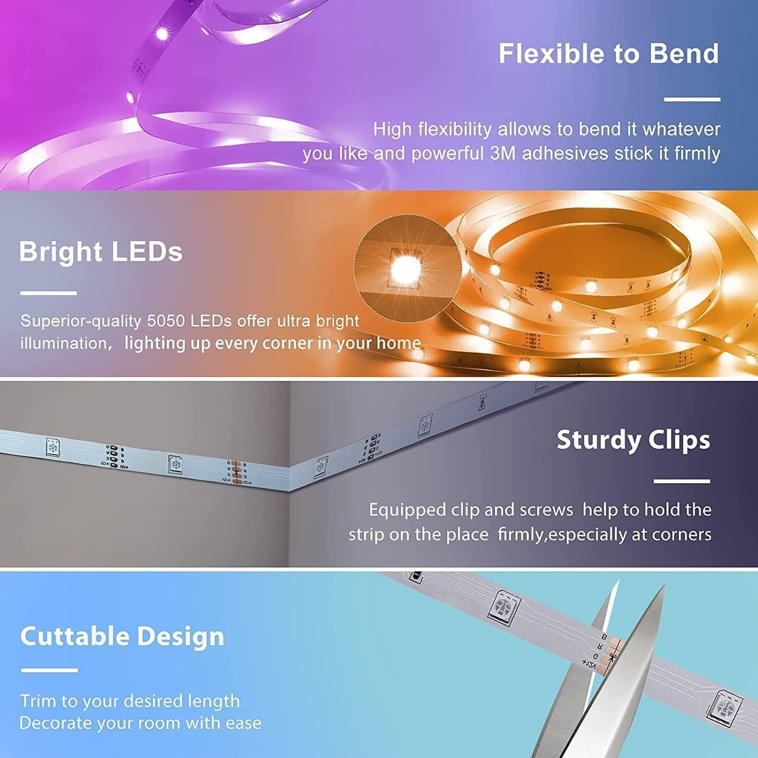 LED strip light with text highlighting features like flexibility, brightness, and cuttable design.