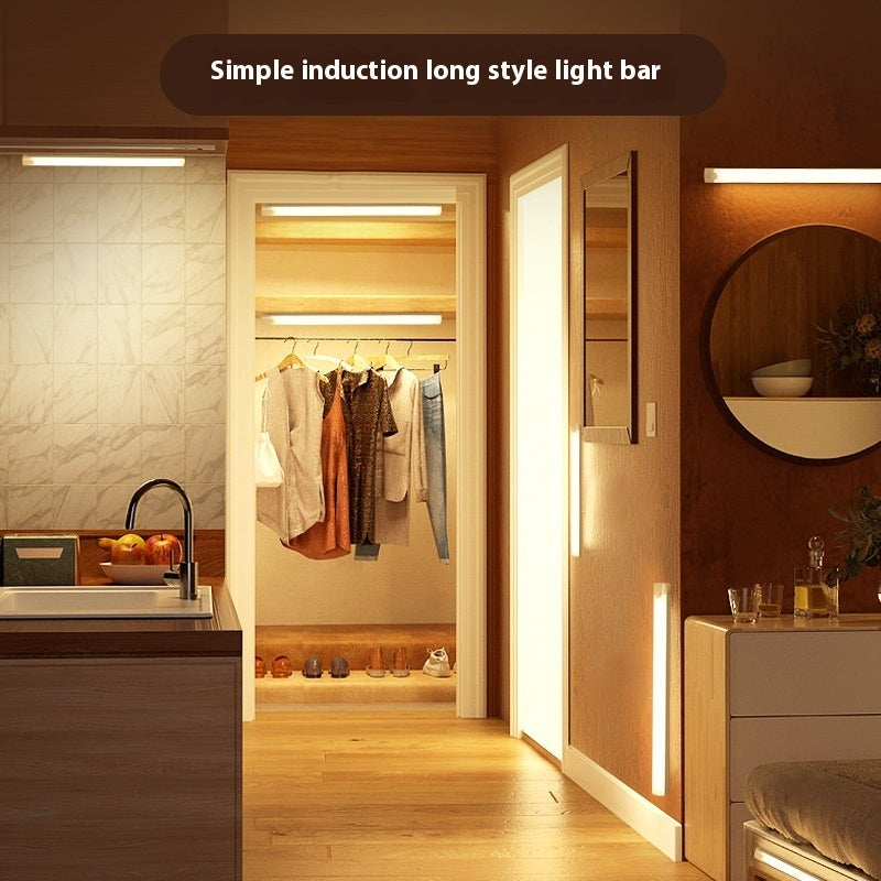 Modern interior design with a long light bar illuminating a closet and kitchen.