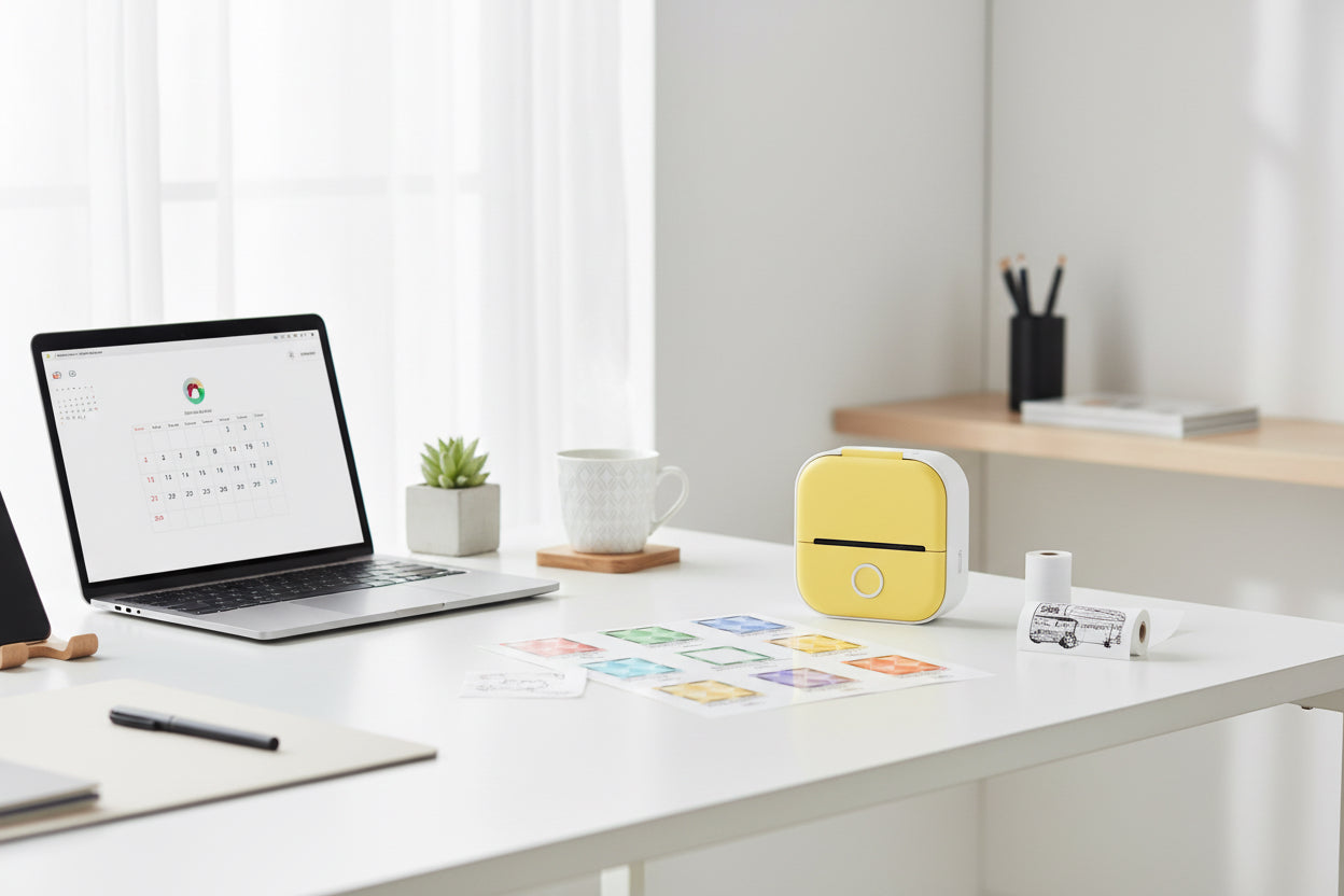 Yellow humidifier on a desk with a laptop and office supplies in a bright room.