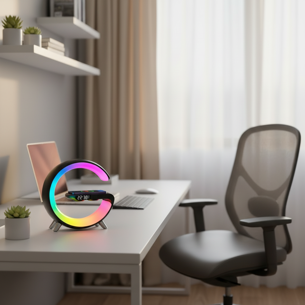 Colorful circular device on a desk with a laptop and chair in a home office setting