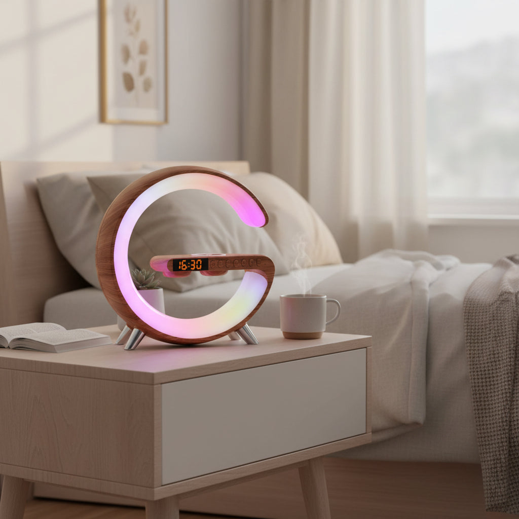 Modern alarm clock with colorful ring on a nightstand in a bedroom.