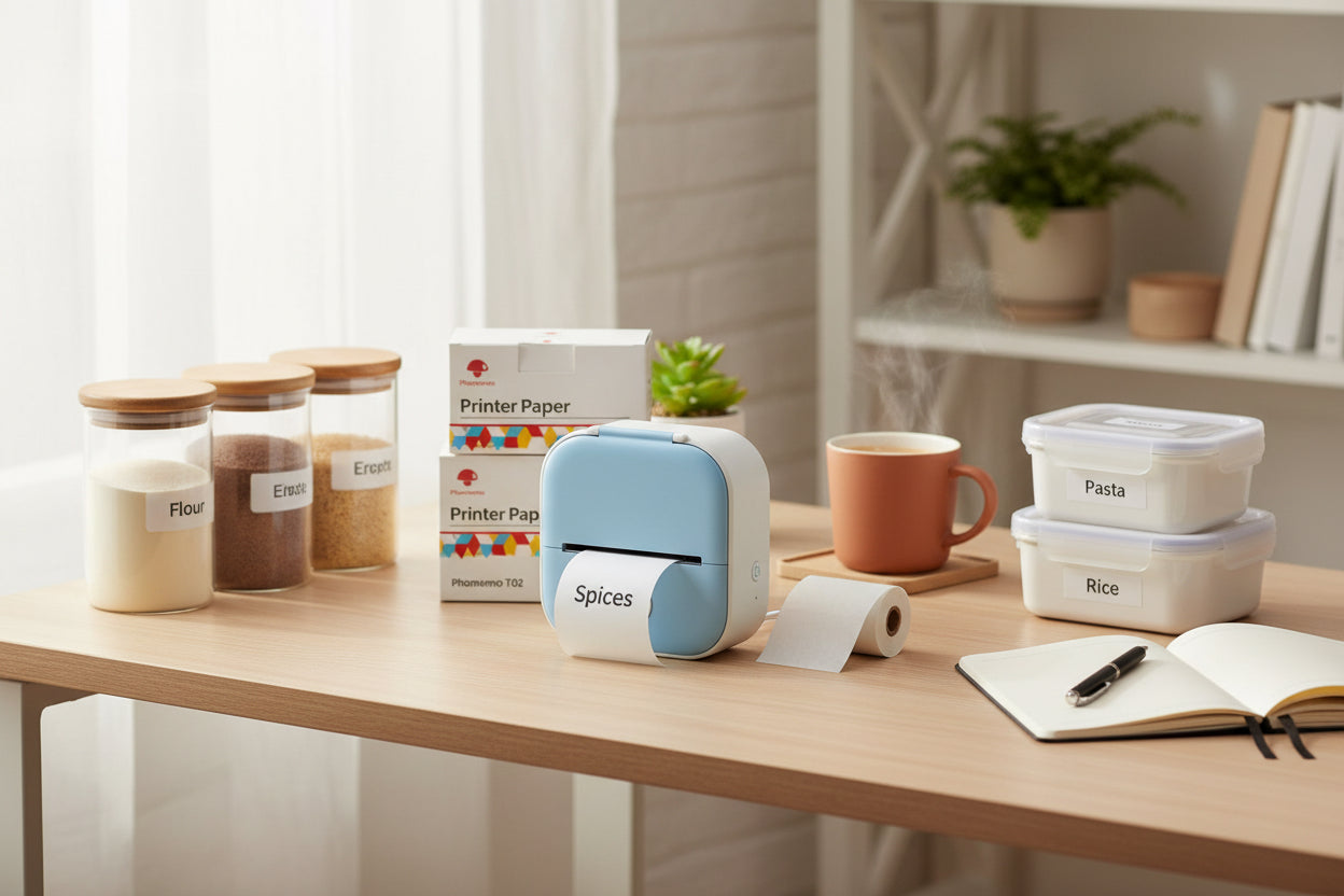Small printer on a table with labeled containers and a notebook in a home setting