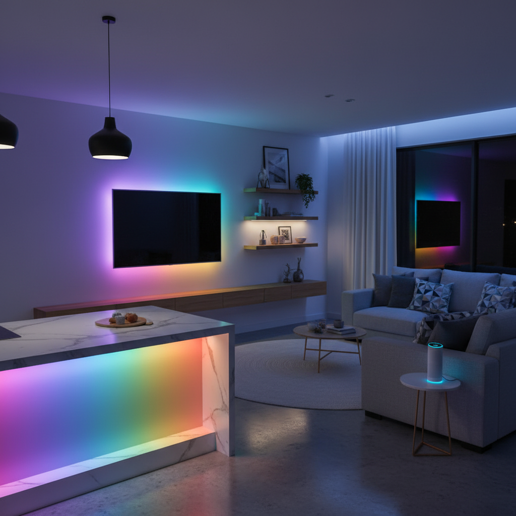 Modern living room with RGB lighting effects on furniture and walls.