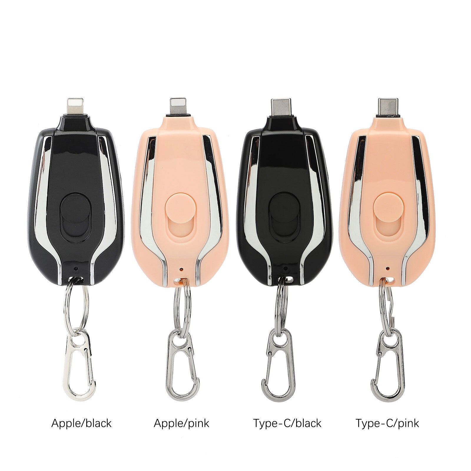 Four electronic devices with carabiners in black and pink on a white background