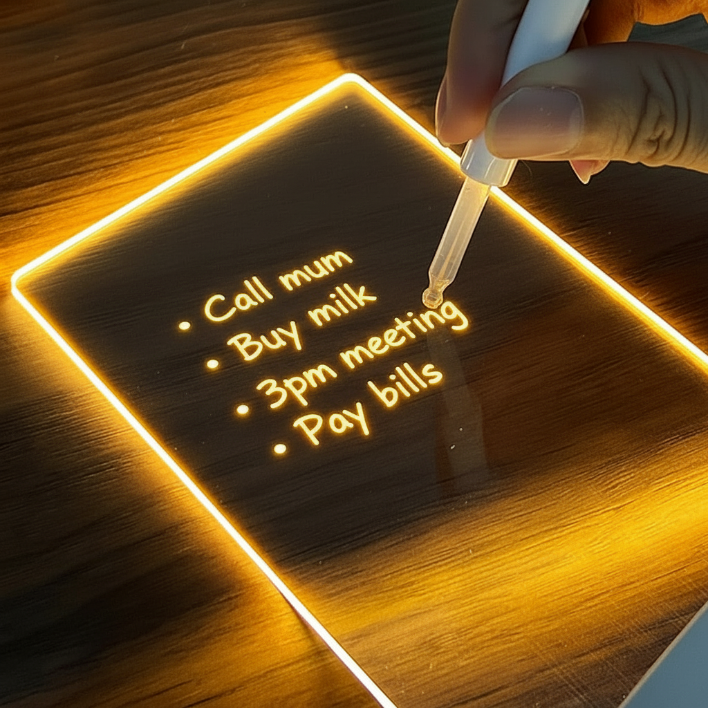 Handwriting on a glowing notepad with a pen, set against a wooden background