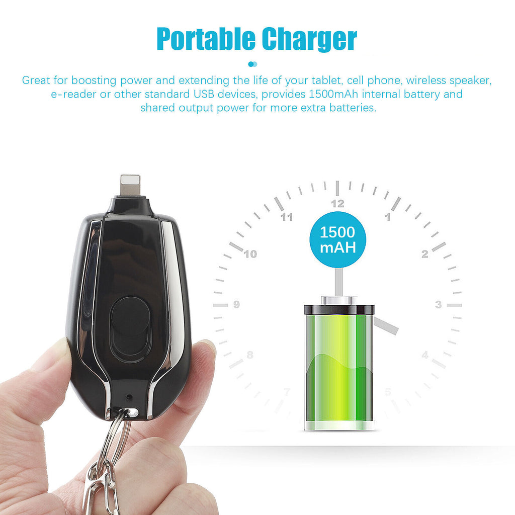Portable charger with 1500mAh battery capacity, held by a hand.