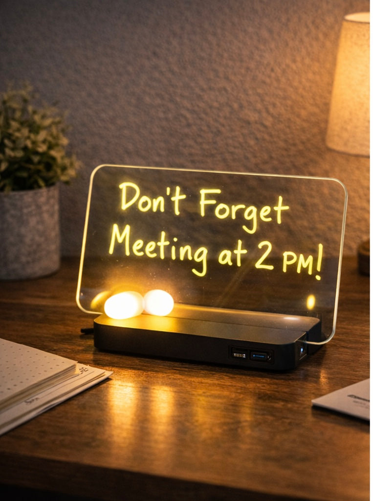 LED sign on a desk with 'Don't Forget Meeting at 2 PM!' text