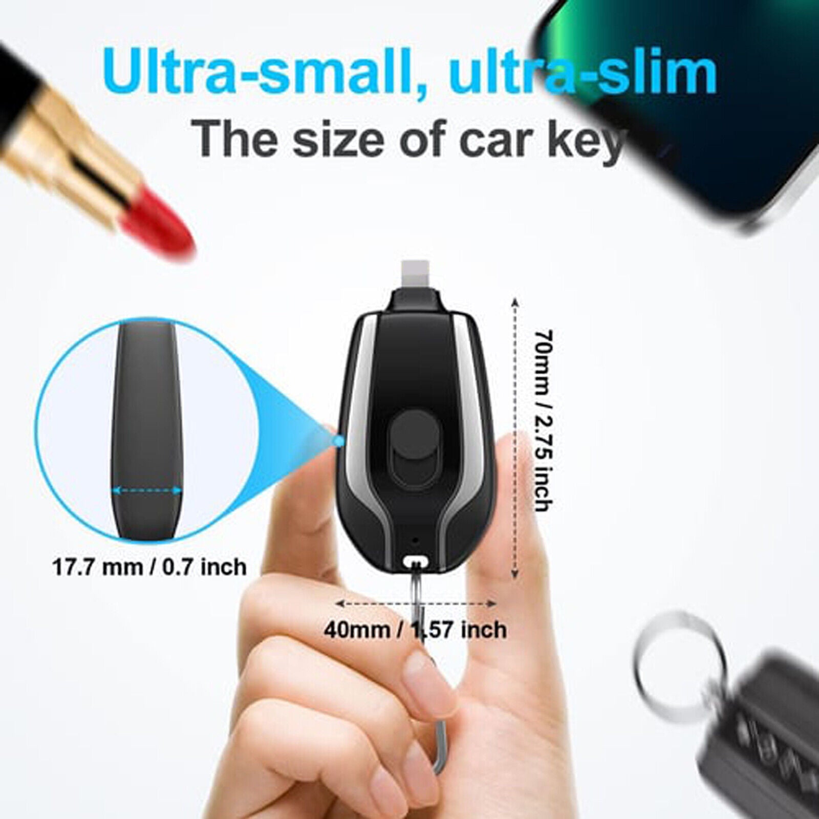 Small electronic device held in a hand with measurements and text indicating its size.
