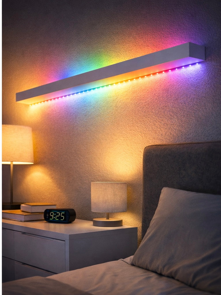 Bedroom with a wall-mounted light fixture emitting multicolor LED lights, nightstands with lamps, and a bed.