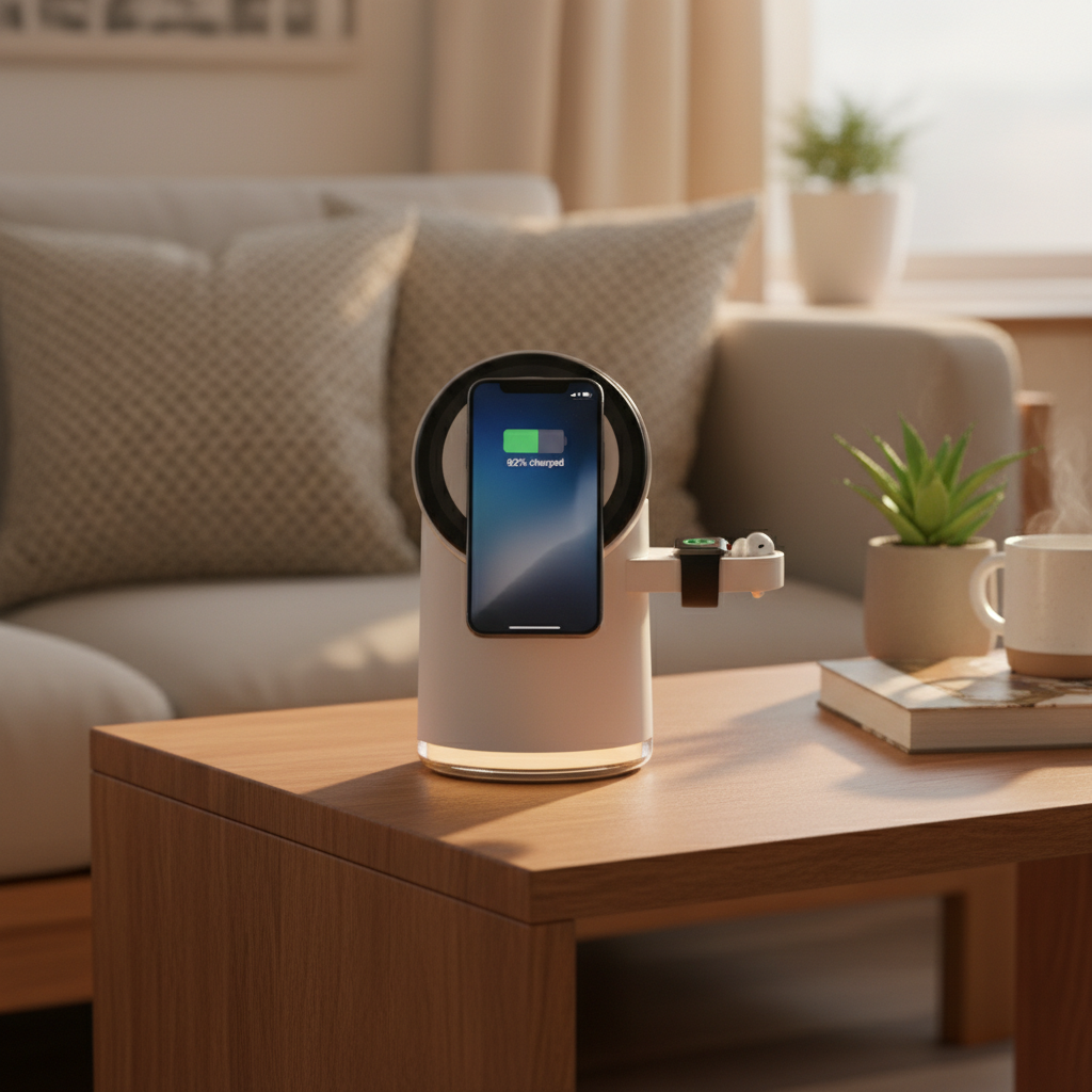 Smart device charging station on a wooden table with a phone and watch displayed, in a living room setting.