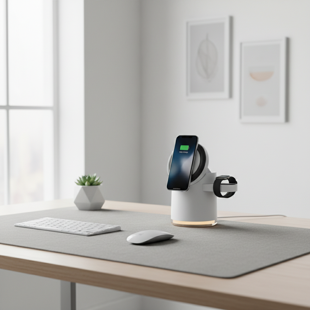 Desk setup with a smartphone on a charging stand, keyboard, and mouse in a modern office.