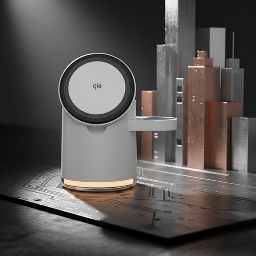 Gray electronic device with 'qie' branding on a dark surface with architectural models in the background