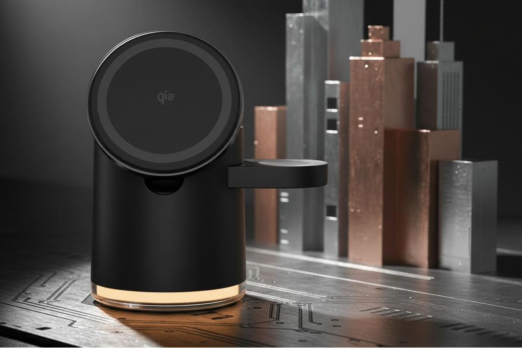 Black cylindrical device with a circular top on a reflective surface, cityscape in the background