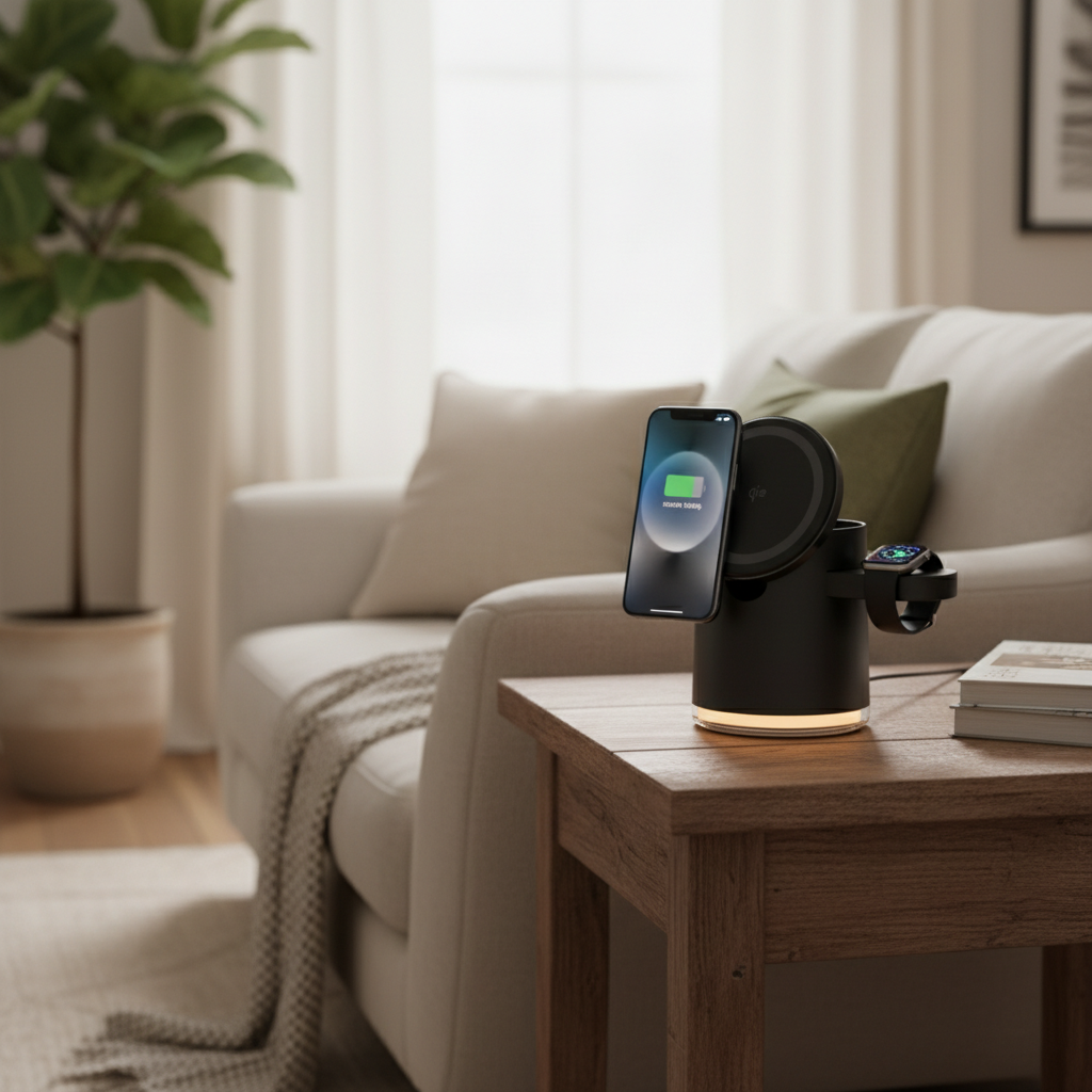 Wireless charging stand on a coffee table with a smartphone and smartwatch, in a cozy living room setting.