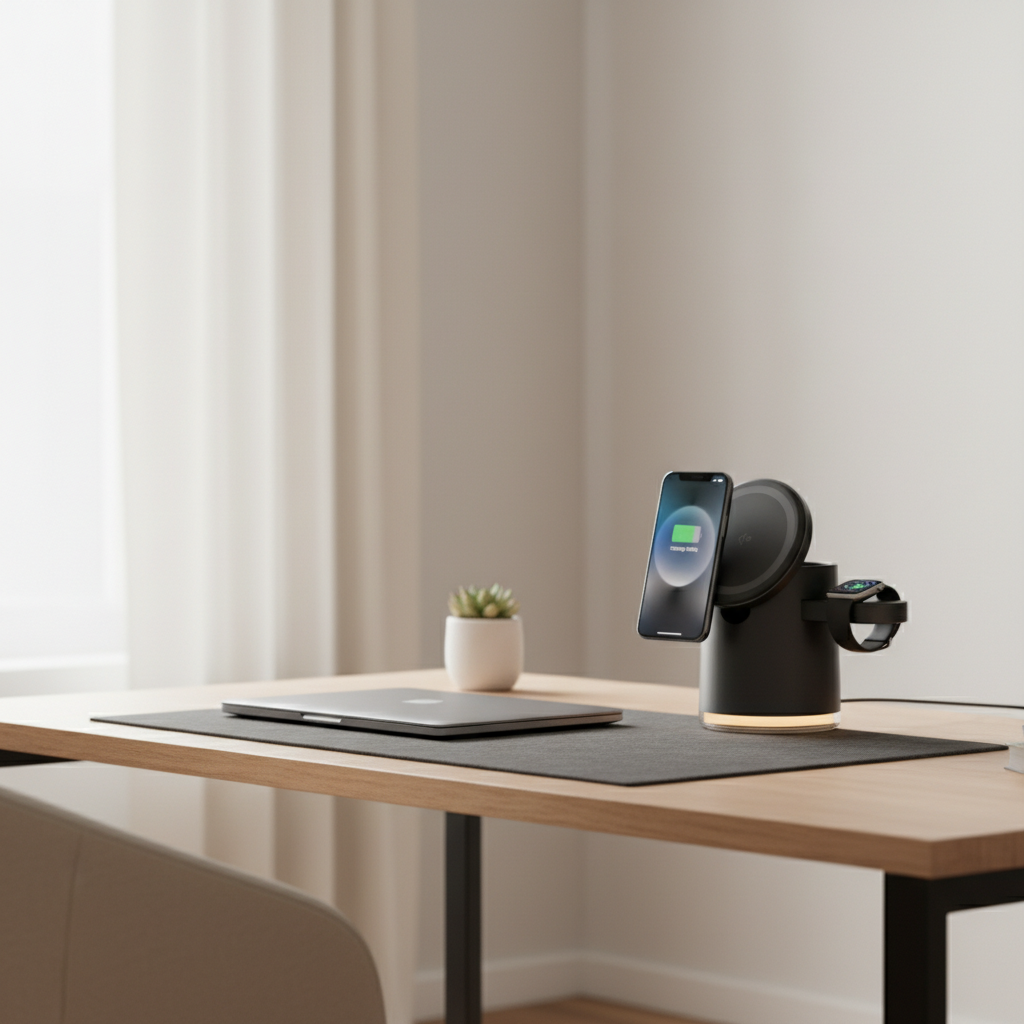 Desk with a wireless charging station, phone, and watch on a neutral background
