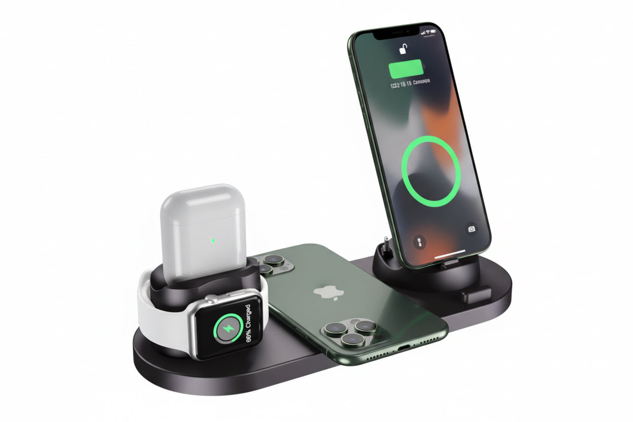 Multi-device charging station with smartphone, smartwatch, and Apple Watch on a white background