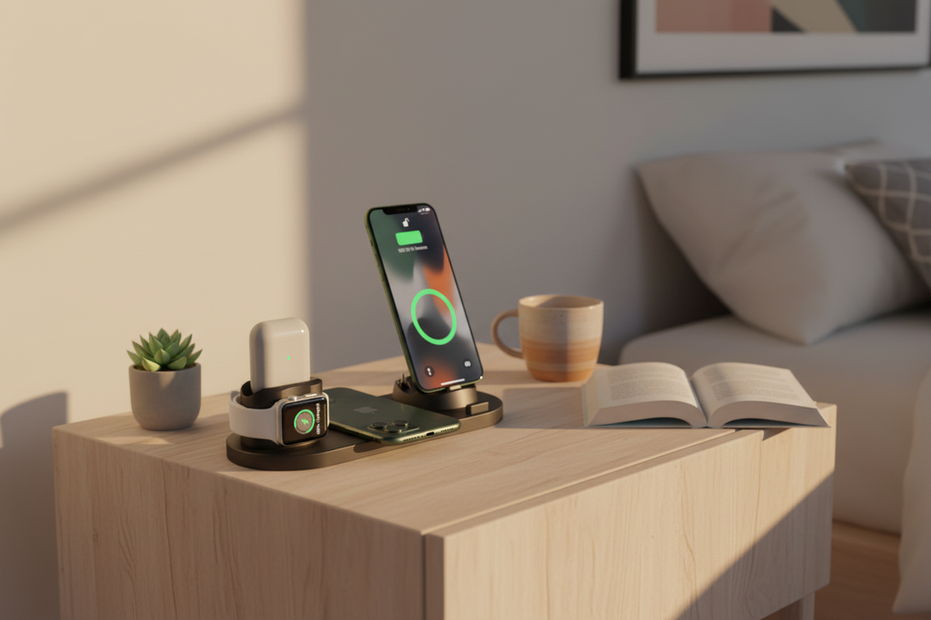 Wireless charging station on a wooden table with smartphone, smartwatch, and coffee cup in a living room setting.