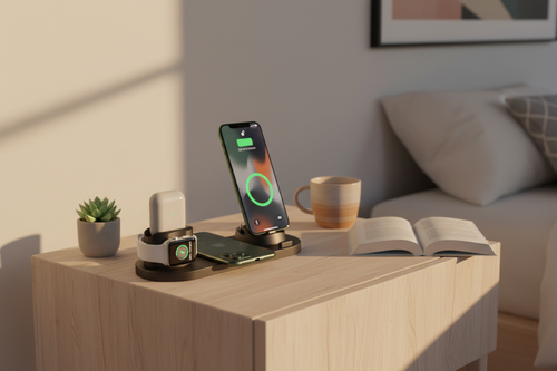 Wireless charging station on a wooden table with smartphone, smartwatch, and coffee cup in a living room setting.