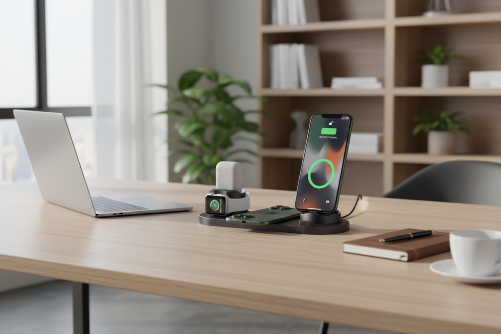Laptop, smartphone, and other devices on a desk in a modern office setting