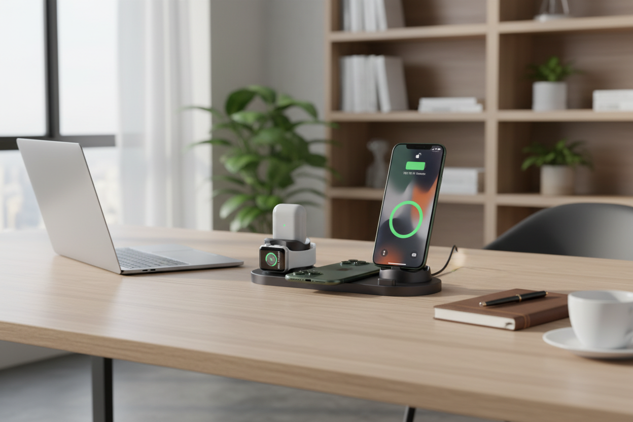 Laptop, smartphone, and other devices on a desk in a modern office setting