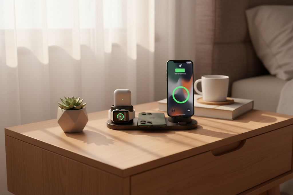 Smart home devices on a wooden table with a smartphone displaying a charging app.